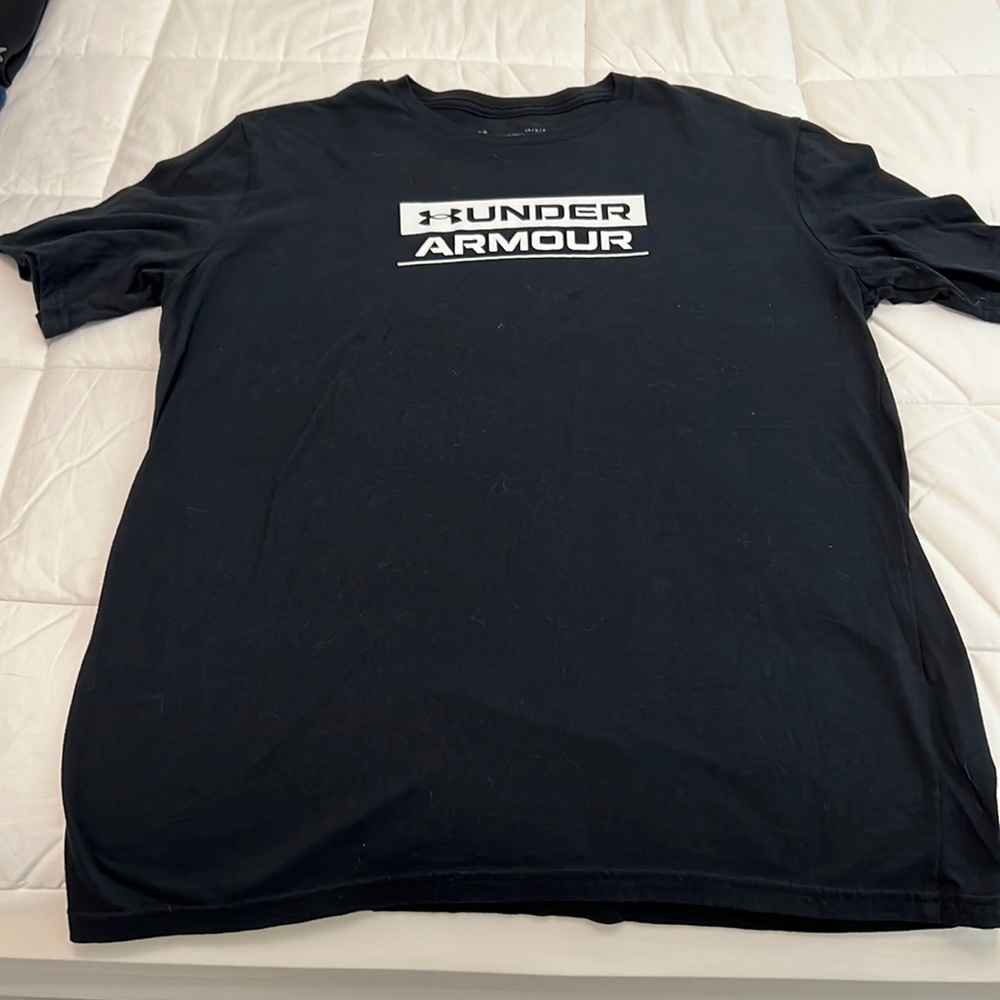 UA Large black t shirt with white logo- used condition with blemishes